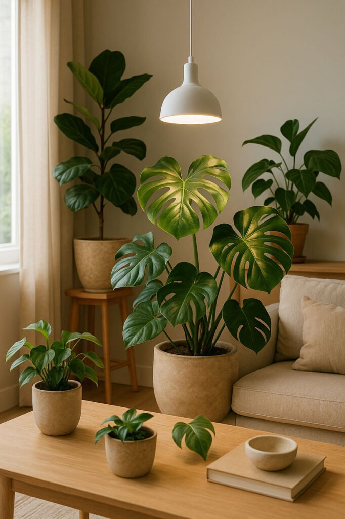 Installation d’une lampe horticole LED design éclairant des plantes d’intérieur dans un salon moderne et lumineux.