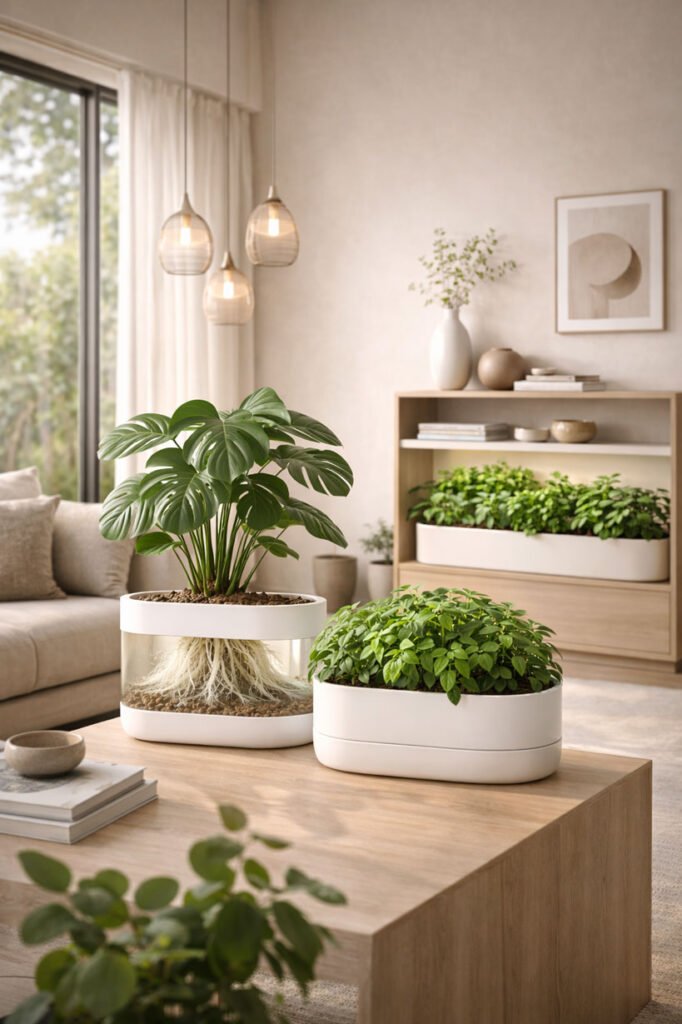 Composition de plantes cultivées en systèmes hydroponiques intérieur dans un salon contemporain, illustrant le jardin d’intérieur nouvelle génération comme un écosystème cohérent et design.