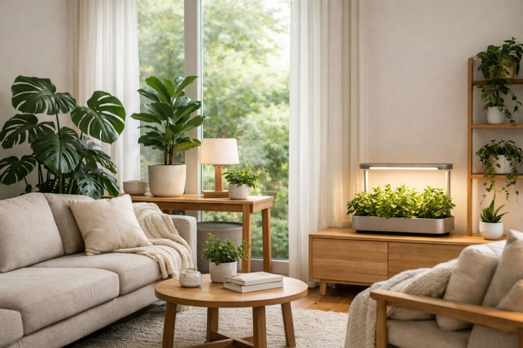 Le-jardin-d’intérieur-nouvelle-génération-entre-design-et-maîtrise Jardin d’intérieur nouvelle génération dans un salon moderne, plantes luxuriantes intégrées à un intérieur contemporain avec éclairage horticole discret.