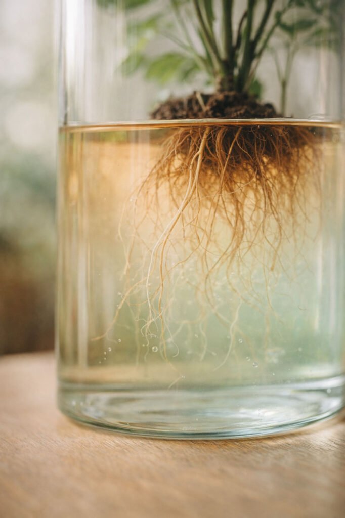 Racines de plante d’intérieur visibles dans une eau claire…