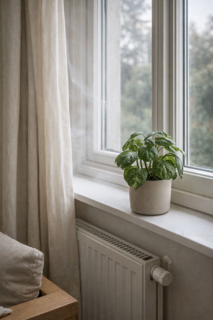 Plante d’intérieur placée près d’un radiateur et d’une fenêtre ouverte, illustrant un emplacement défavorable pour un jardin d’intérieur.