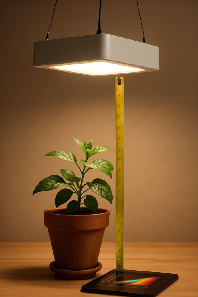Lampe LED suspendue au-dessus d’une plante en pot avec un mètre ruban indiquant la distance entre la lumière et la plante.