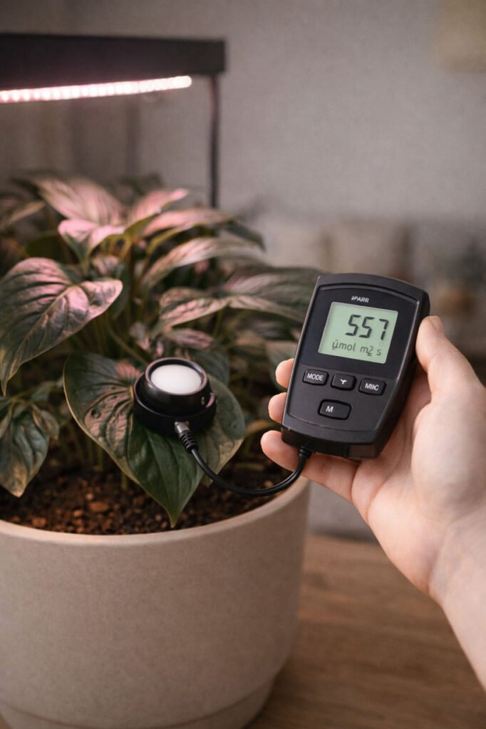 PAR-mètre mesurant la lumière utile reçue par une plante d’intérieur sous éclairage horticole LED
