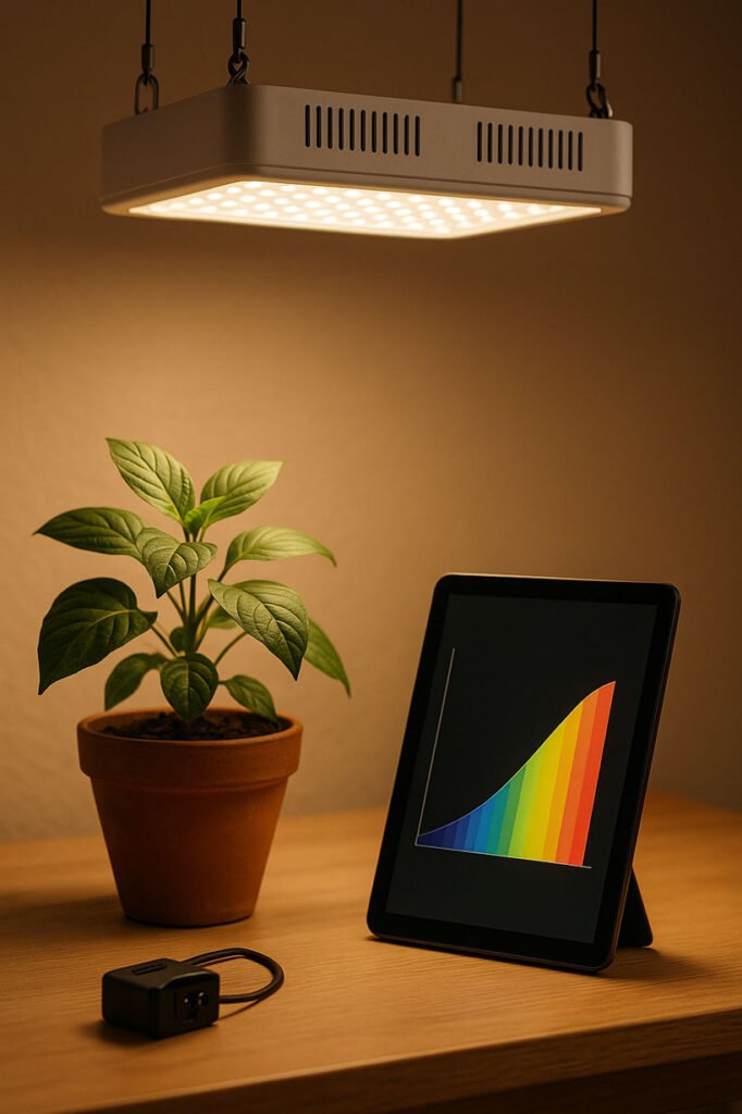 Lampe LED horticole éclairant une plante, avec une tablette affichant une courbe d’efficacité lumineuse en µmol/J.