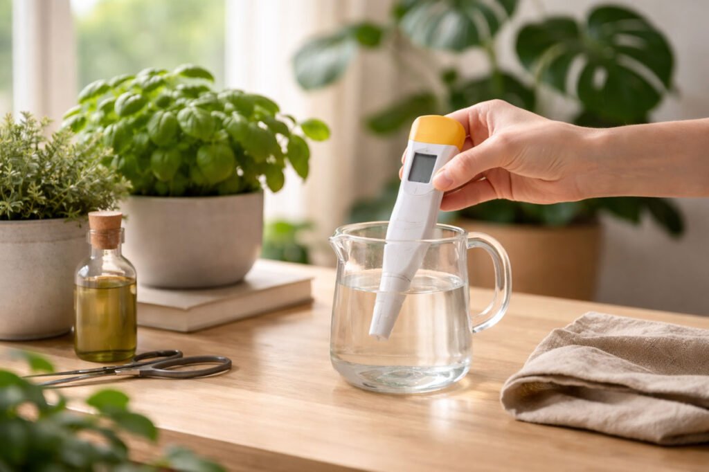 Mesure du pH d’une solution nutritive à l’aide d’un testeur, illustrant le contrôle du pH dans un jardin d’intérieur