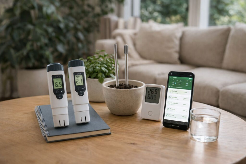 Mesurer-pour-mieux-cultiver-en-intérieur Outils de mesure pour jardin d’intérieur, testeurs pH et EC utilisés pour optimiser la culture des plantes en intérieur.