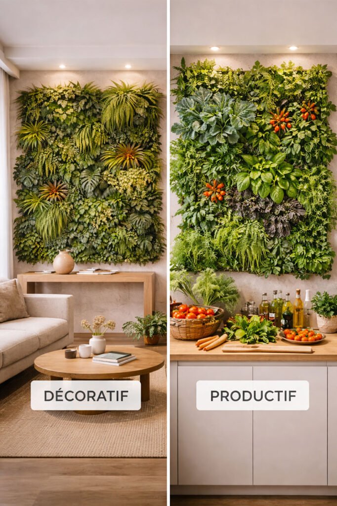 Comparaison entre un mur végétal décoratif intérieur à feuillage dense et un mur végétal productif cultivant des plantes aromatiques et comestibles, intégrés dans un intérieur moderne