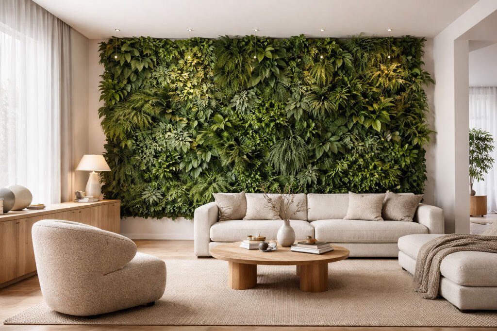 Mur végétal intérieur luxuriant dans un salon contemporain lumineux, plantes vertes variées intégrées dans un mur végétalisé design et élégant