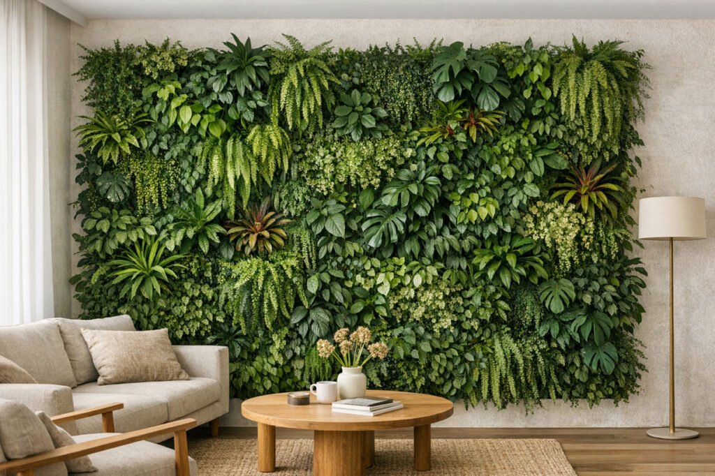 Mur végétal intérieur naturel composé de plantes tropicales fixées verticalement sur un mur clair dans un salon contemporain, apportant une ambiance végétale, apaisante et design