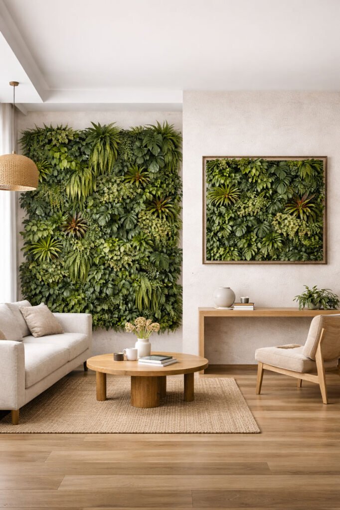 Comparaison visuelle entre un mur végétal intérieur couvrant une grande surface et un cadre végétalisé mural plus compact, intégrés dans un intérieur contemporain et design