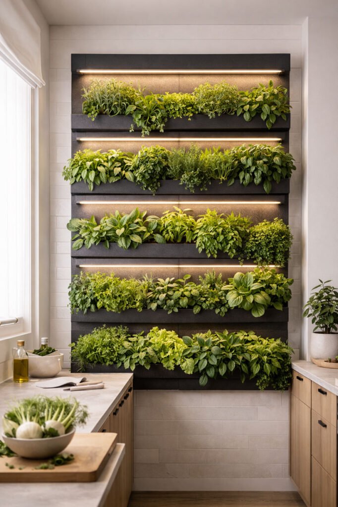 Mur végétal intérieur productif en cuisine moderne, plantes aromatiques cultivées sur un système vertical avec éclairage intégré