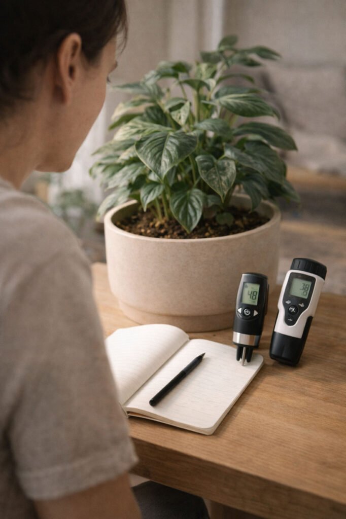 Jardinier observant une plante d’intérieur à l’aide de testeurs et d’outils de mesure pour ajuster les conditions de culture