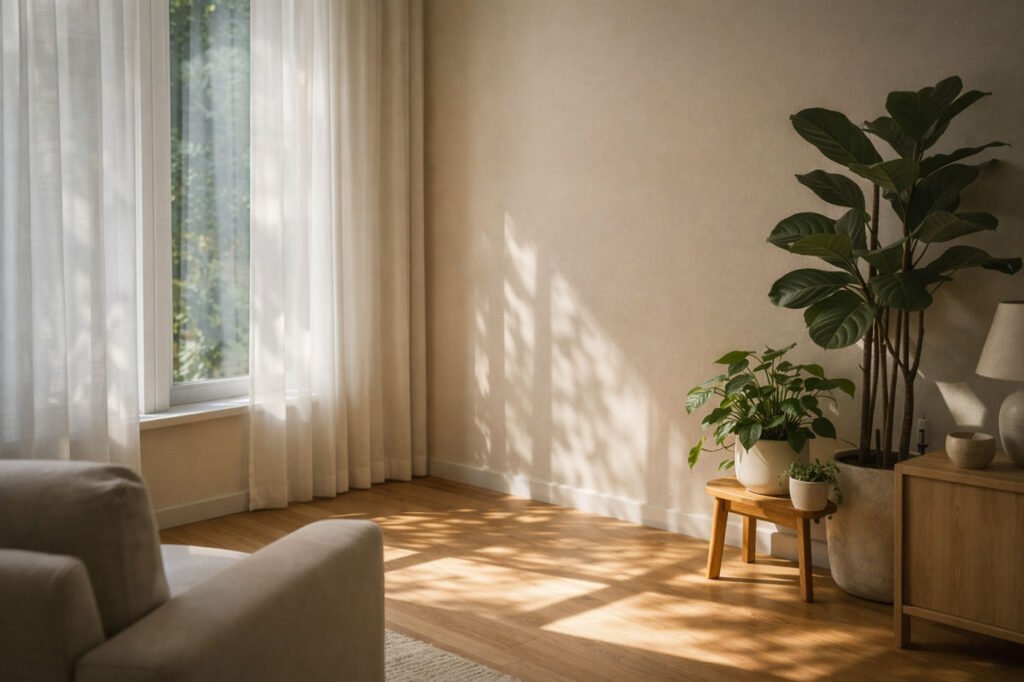 Zones de lumière et d’ombre dans un intérieur avec plantes, montrant l’importance d’observer la lumière naturelle pour un jardin d’intérieur.