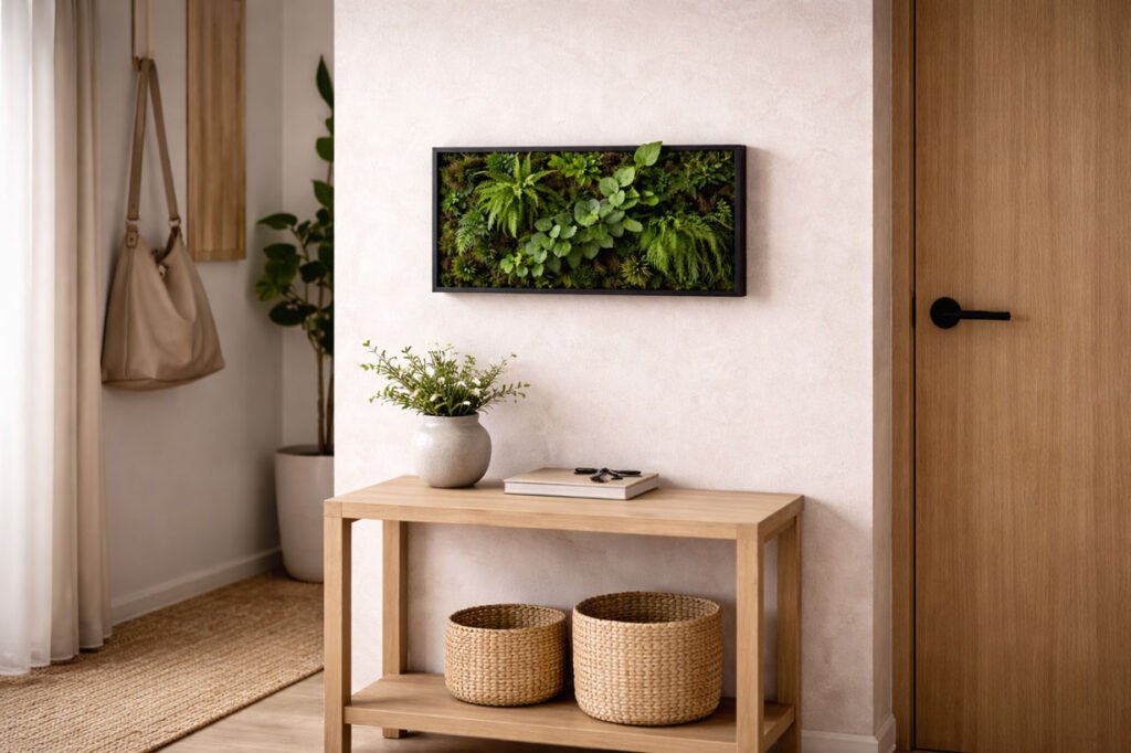 Petit cadre végétalisé moderne installé dans une entrée ou un couloir, solution végétale murale adaptée aux petits espaces