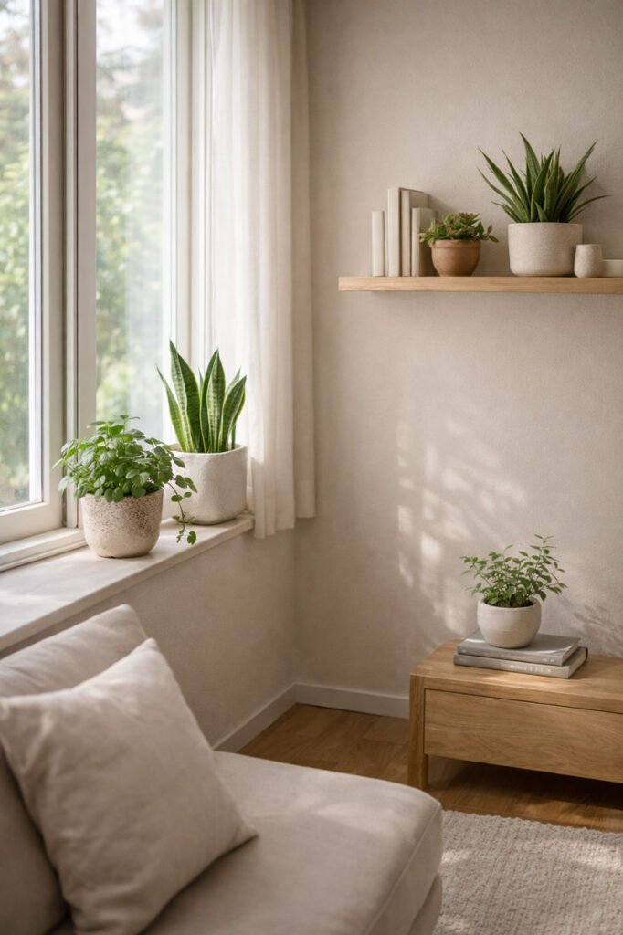 Rebord de fenêtre et étagère murale avec plantes d’intérieur, montrant qu’un petit espace peut accueillir un jardin d’intérieur réussi.