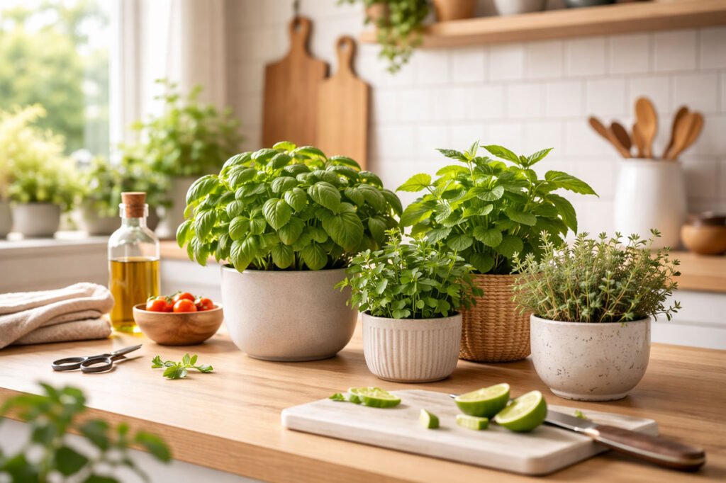 Plantes aromatiques cultivées en intérieur sur un plan de travail lumineux, montrant l’importance du pH pour la croissance du potager d’intérieur