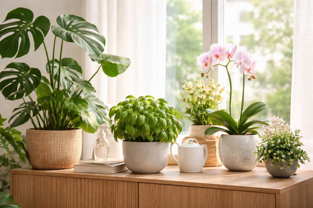 Plantes d’intérieur aux besoins de pH différents, réunissant plante verte, plante aromatique et plante fleurie dans un intérieur lumineux et contemporain