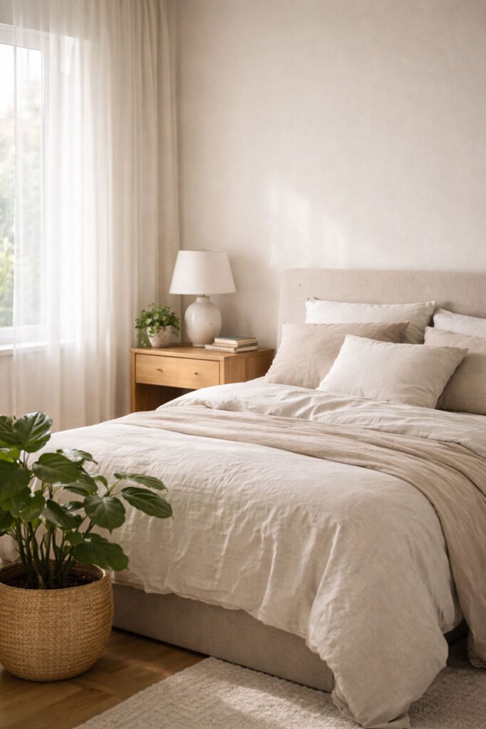 Chambre lumineuse et apaisante avec plantes d’intérieur discrètes près du lit, illustrant un emplacement calme et équilibré pour un jardin d’intérieur dans la chambre.