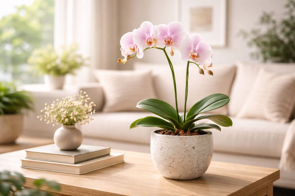 Orchidée d’intérieur en pleine floraison dans un décor épuré, illustrant l’influence du pH sur la floraison des plantes ornementales