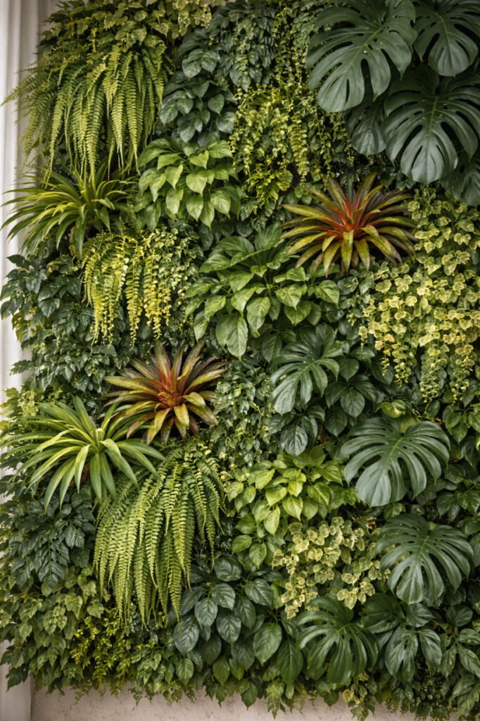 Mur végétal intérieur composé de plantes tropicales adaptées à la culture verticale, comme fougères, monstera, philodendron et pothos, offrant un feuillage dense et décoratif en intérieur