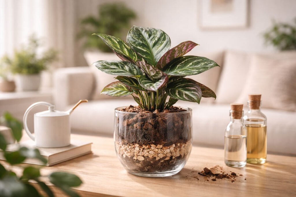 Plante d’intérieur sensible cultivée dans un substrat visible, illustrant l’importance du contrôle du pH pour les plantes délicates