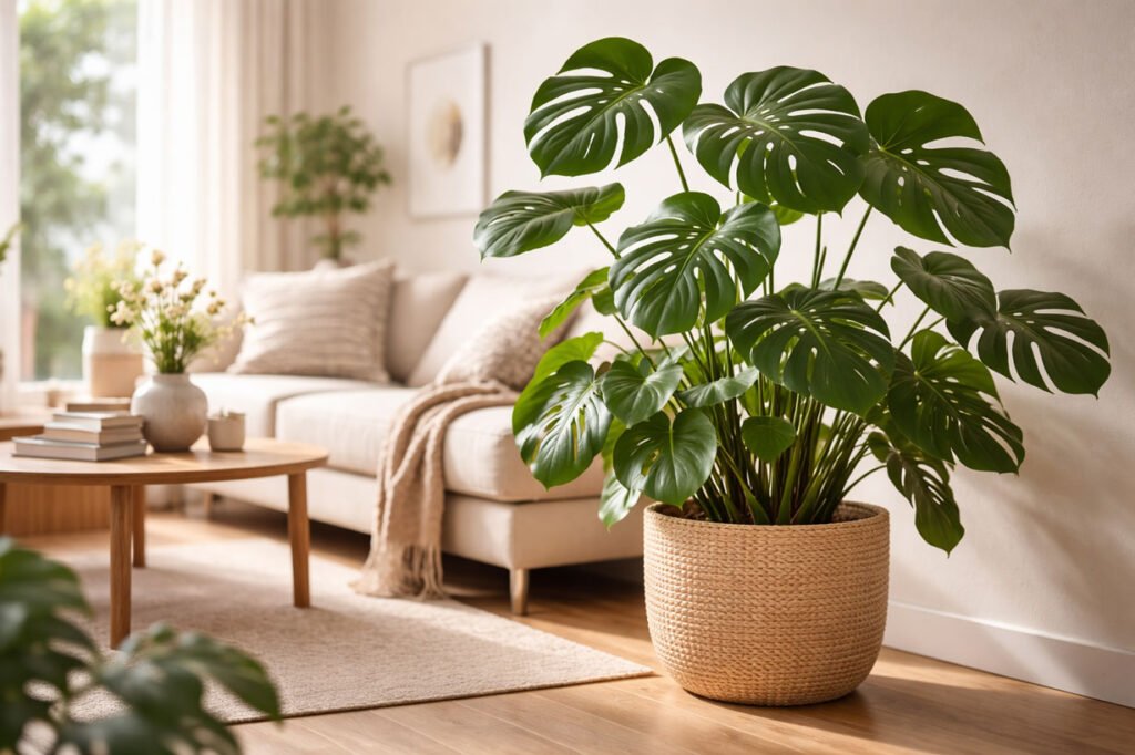 Plante verte d’intérieur au feuillage dense et sain dans un salon moderne, illustrant la plage de pH idéale pour les plantes décoratives