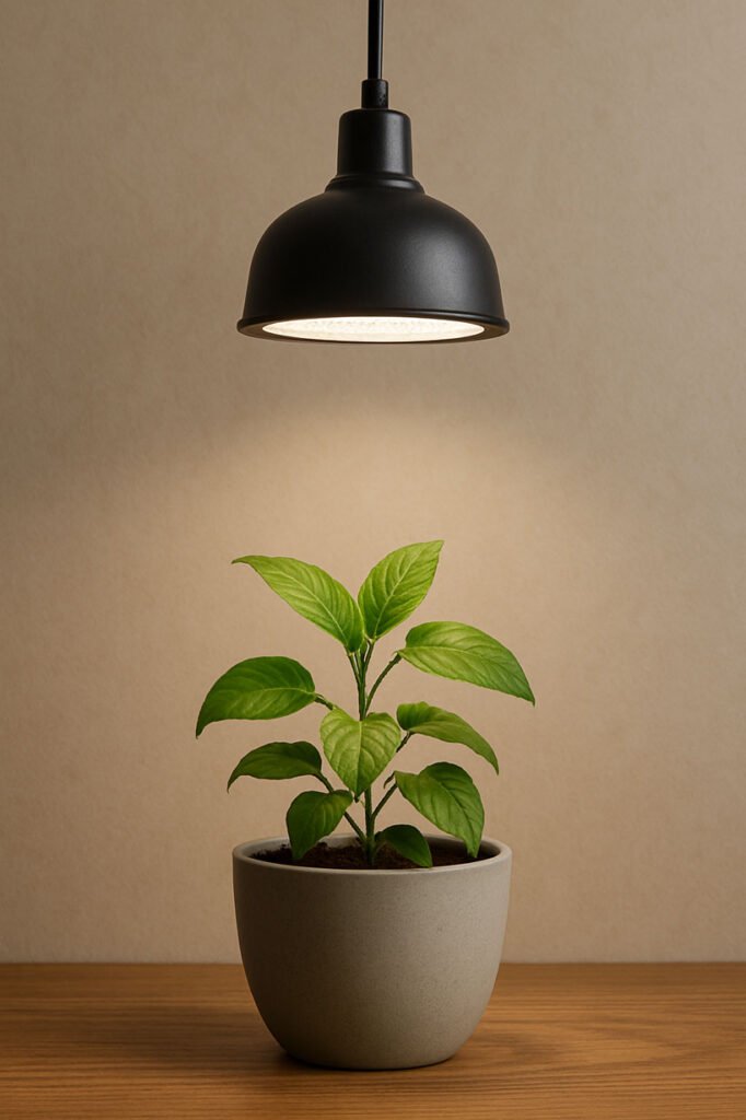 Lampe horticole LED installée à la bonne distance au-dessus d’une plante d’intérieur, illustrant un éclairage homogène et sans stress pour le feuillage.