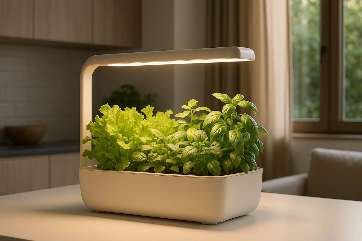 Potager intérieur automatisé cultivant basilic et laitue sous lampe horticole LED intelligente avec éclairage optimisé en cuisine.