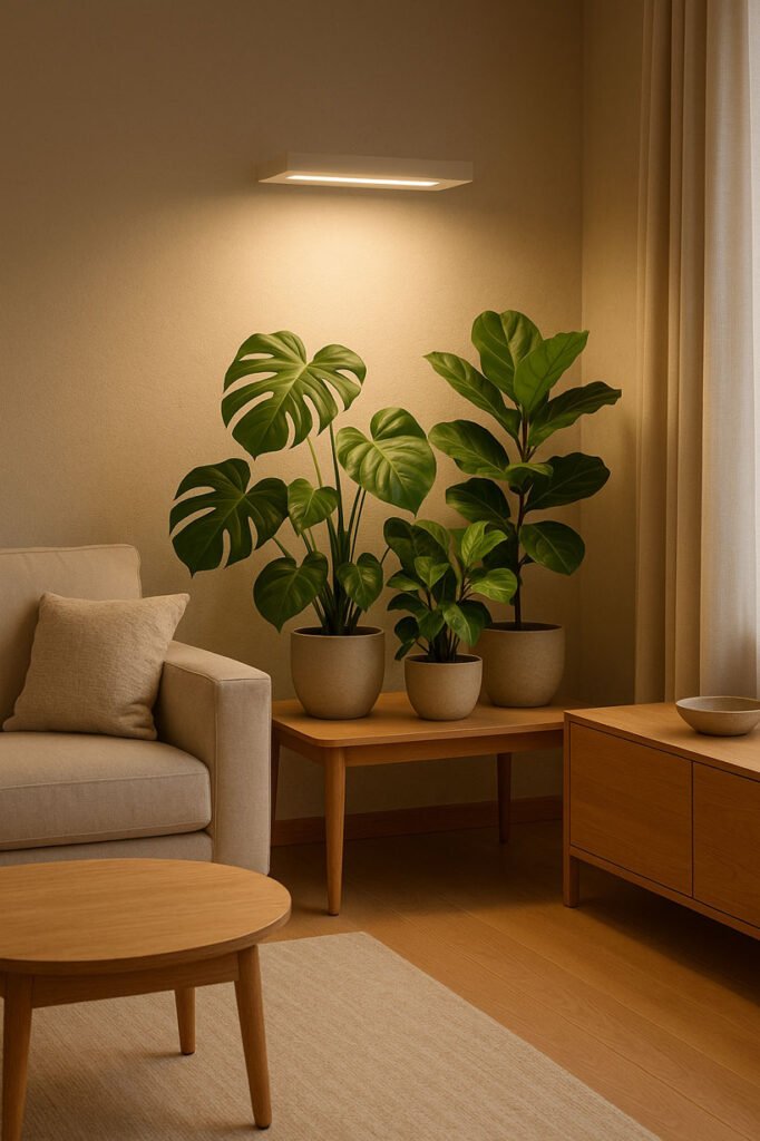 Éclairage horticole LED discret intégré dans un salon design, mettant en valeur des plantes d’intérieur sans altérer l’esthétique de la pièce.