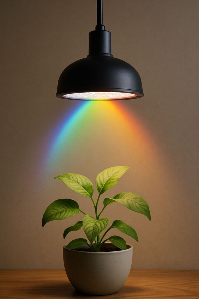 Lampe horticole LED diffusant un spectre complet en arc lumineux du bleu au rouge sur une plante d’intérieur, représentation visuelle du spectre horticole.