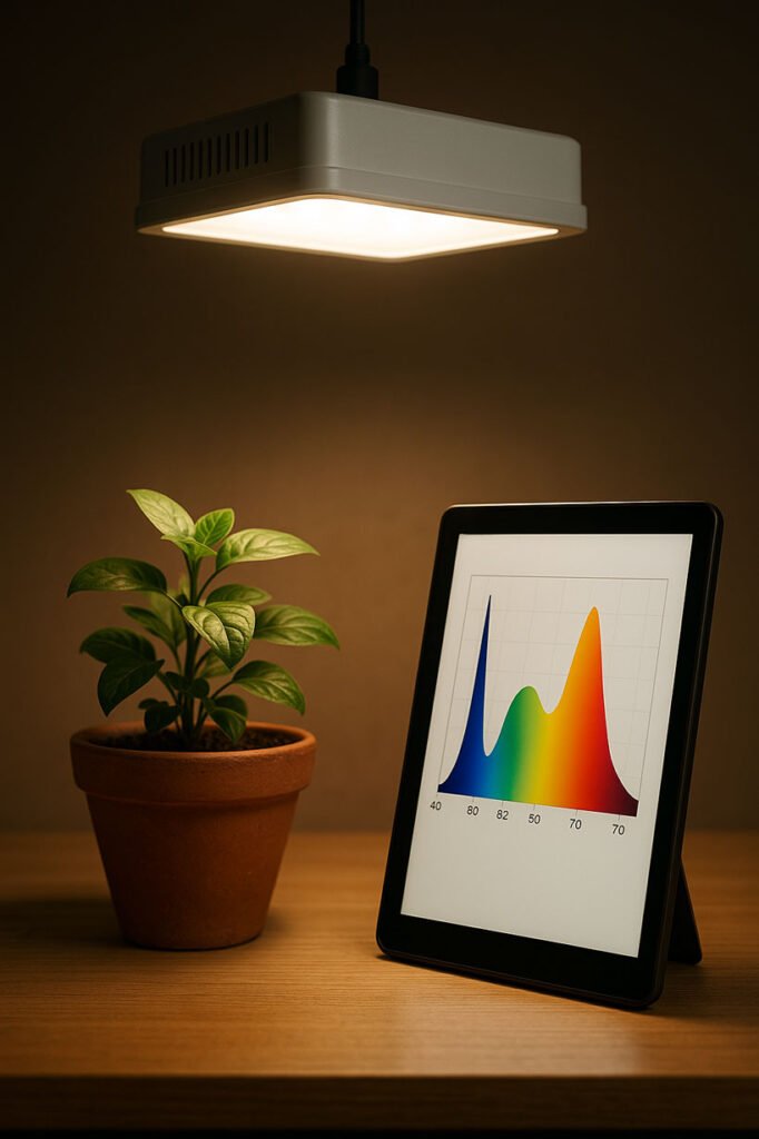 Tablette montrant un graphique de spectre lumineux horticole à côté d’une plante éclairée par une lampe LED.