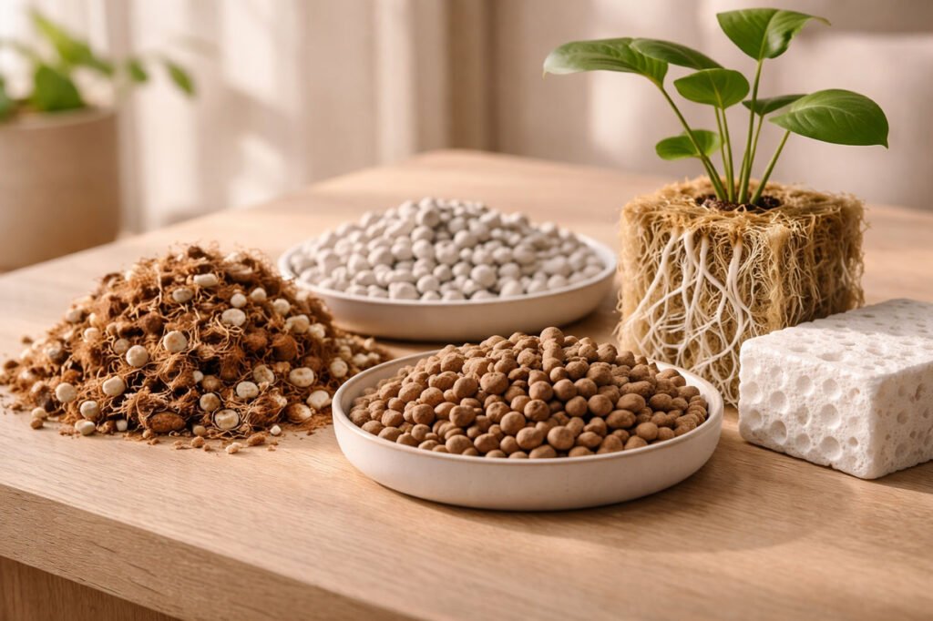 Présentation de substrats modernes pour systèmes hydroponiques intérieur, incluant fibres végétales, billes d’argile, supports inertes et jeunes plants, illustrant les substrats techniques du jardin d’intérieur nouvelle génération.