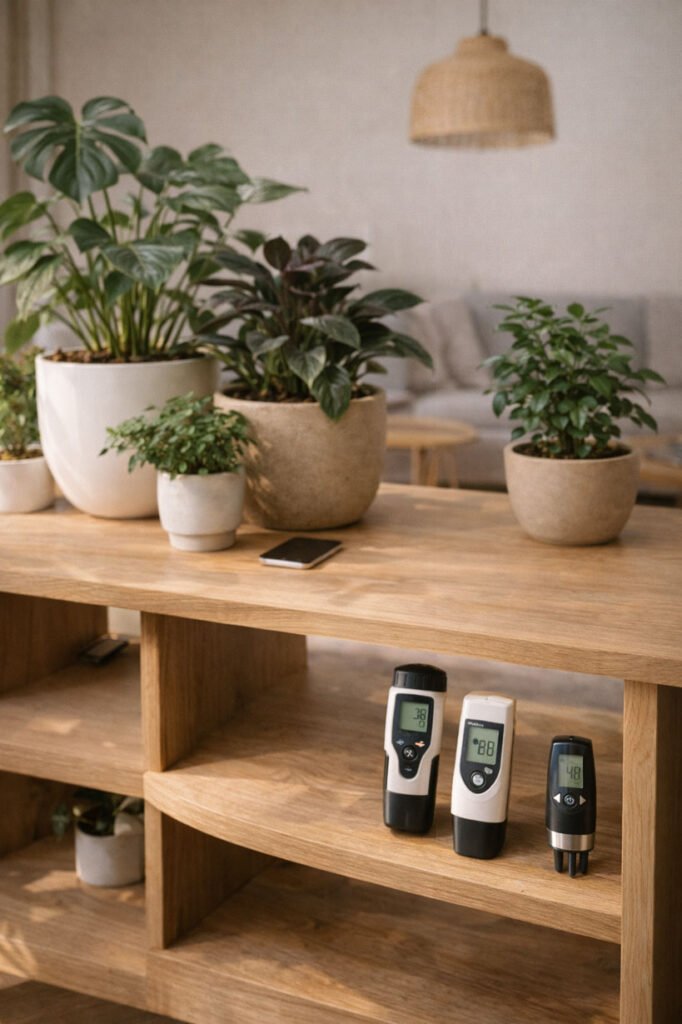 Testeurs pH, EC et outils de mesure utilisés dans un jardin d’intérieur moderne et lumineux pour optimiser la culture des plantes