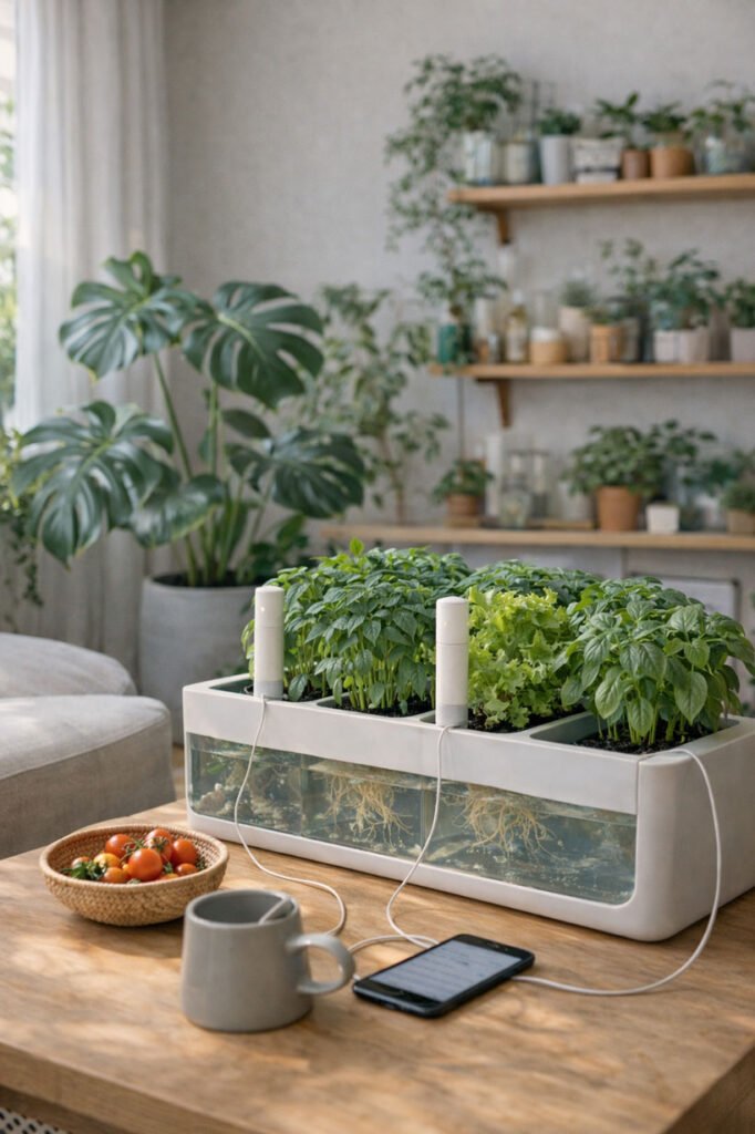 Jardin d’intérieur moderne avec EC équilibrée et plantes décoratives et comestibles