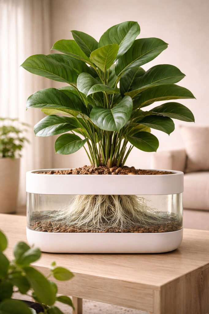 Plante d’intérieur luxuriante cultivée en système hydroponique moderne avec racines visibles, illustrant une croissance saine et régulière grâce aux systèmes hydroponiques intérieur