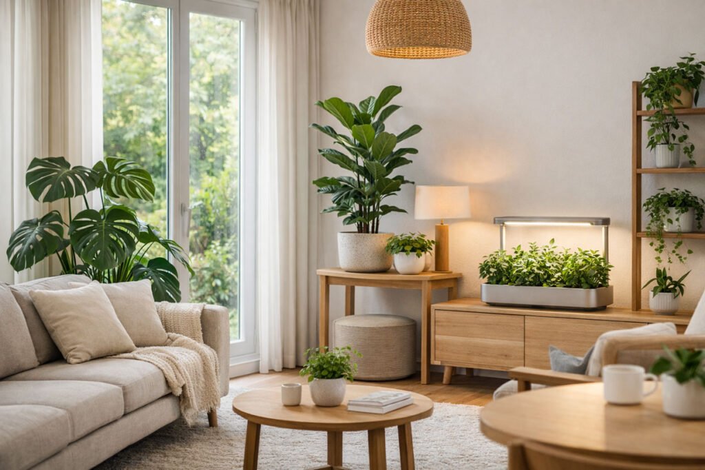 Une-nouvelle-façon-de-cultiver-les-plantes-en-intérieur Culture de plantes en intérieur moderne, jardin d’intérieur intégré dans un espace de vie design et lumineux.