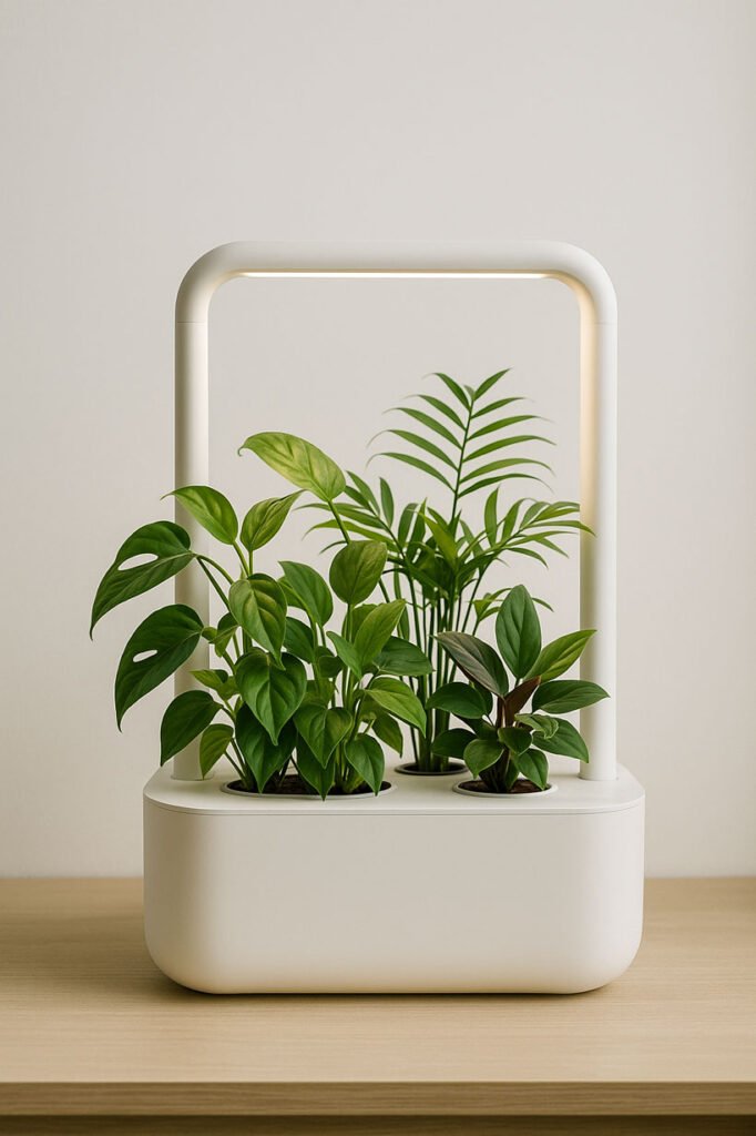 Module hydroponique design blanc mat avec éclairage LED intégré, plantes d’intérieur cultivées en autonomie dans un intérieur minimaliste contemporain.