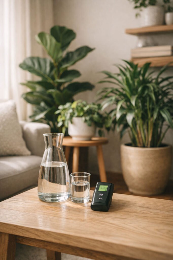 Gestion complète du pH et de la solution nutritive dans un jardin d’intérieur moderne, avec des plantes en pots décoratifs et un testeur de pH discret intégré à un environnement design.