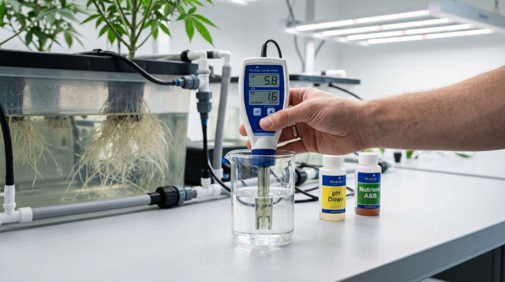 mesure pH EC solution nutritive culture hydroponique intérieur