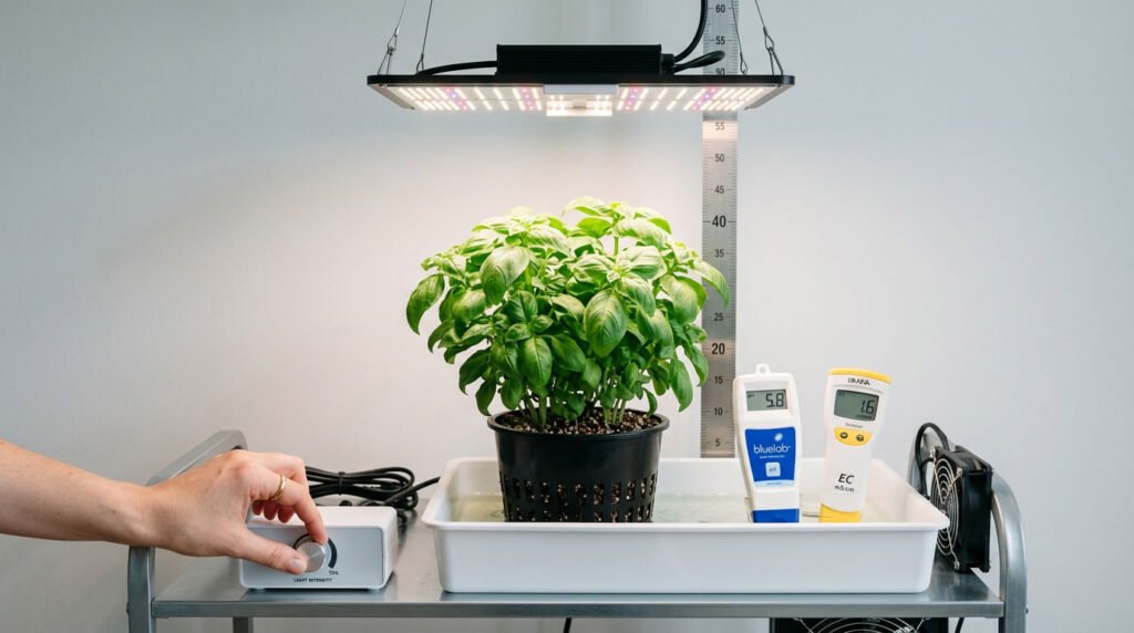 optimisation lampe horticole LED hauteur intensité pH EC culture intérieure