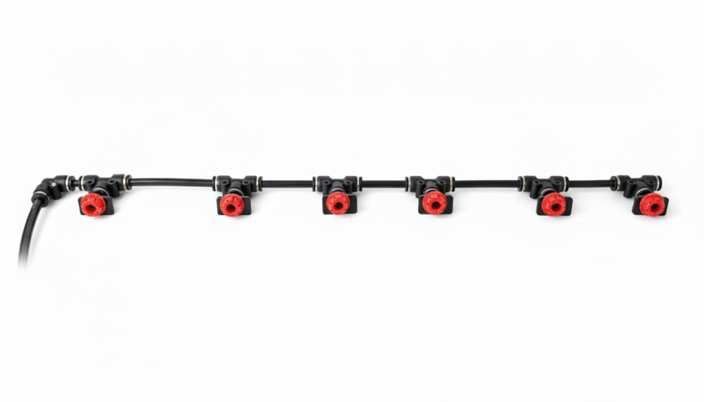 La ligne d’irrigation est fixée directement sur la plaque PVC, avant l’installation de la nappe horticole.