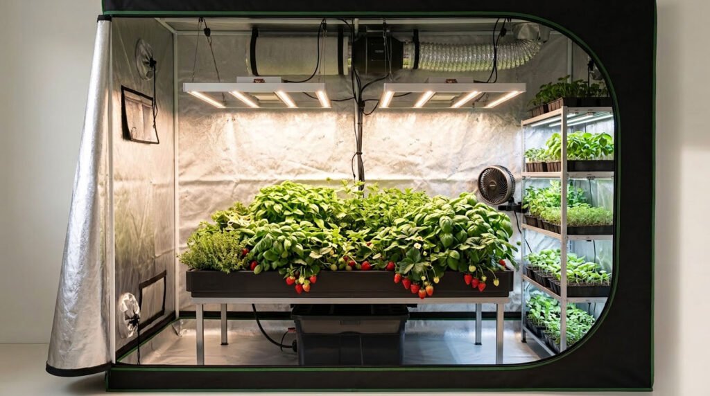 tente de culture intérieure avec plantes sous éclairage LED horticole jardin d’intérieur contrôlé