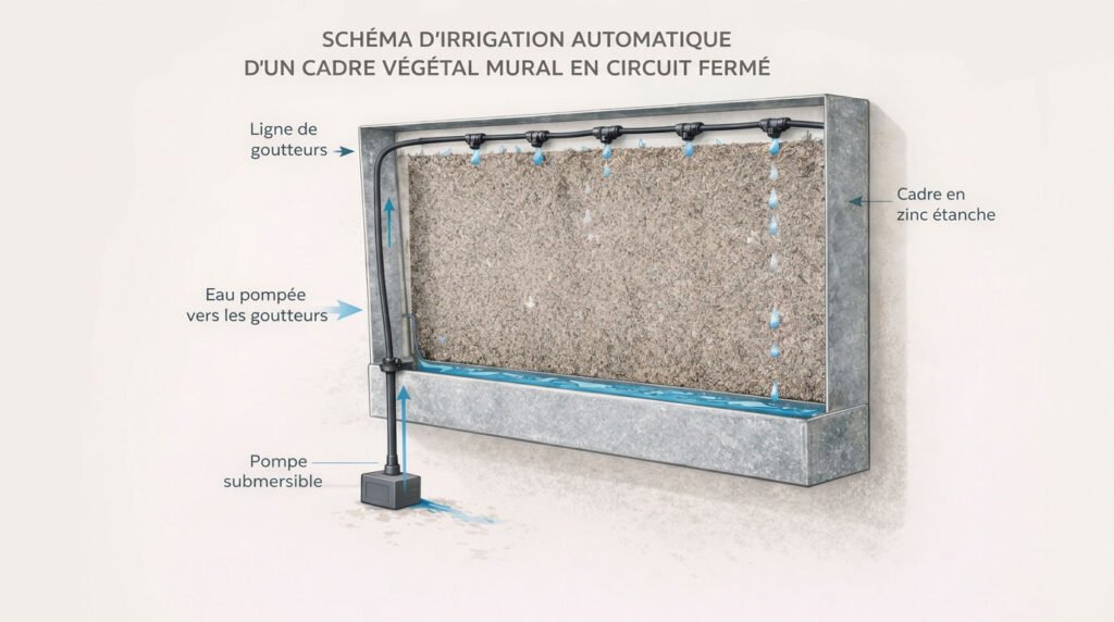 schéma fonctionnement irrigation automatique cadre végétal mural intérieur