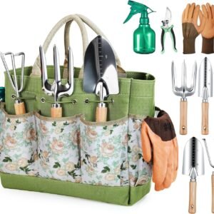 Kit outils jardinage Grenebo 9 pièces : set complet inox avec sac, gants et arrosoir
