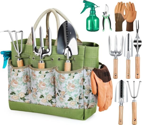 Kit outils jardinage Grenebo 9 pièces : set complet inox avec sac, gants et arrosoir