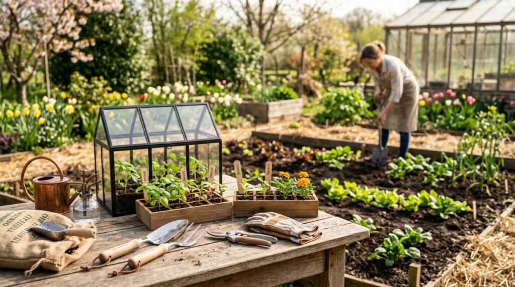 matériel jardinage pour semis et potager en pleine terre avec mini serre, outils et arrosoir au printemps