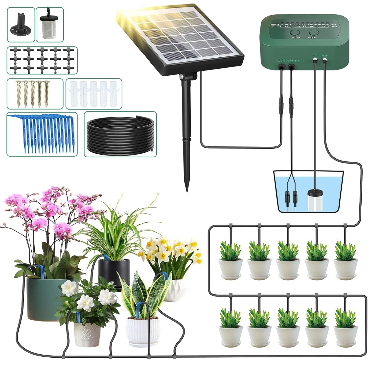 PChero kit arrosage goutte à goutte solaire automatique – pompe, programmateur et 15 m de tuyau – Image 1