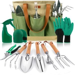 YAUNGEL kit outils jardinage inox 10 pièces – set robuste avec poignées bois, sac élégant et coffret cadeau