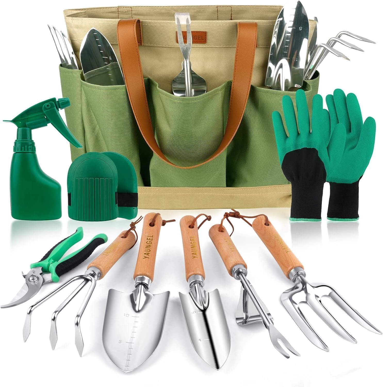 YAUNGEL kit outils jardinage inox 10 pièces – set robuste avec poignées bois, sac élégant et coffret cadeau – Image 1