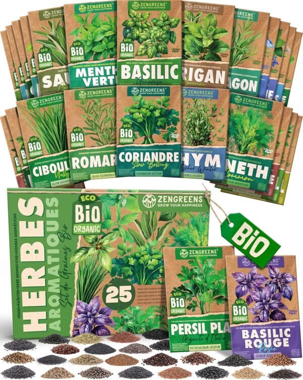 Kit graines herbes aromatiques bio ZenGreens : 25 variétés pour jardin, balcon et cuisine
